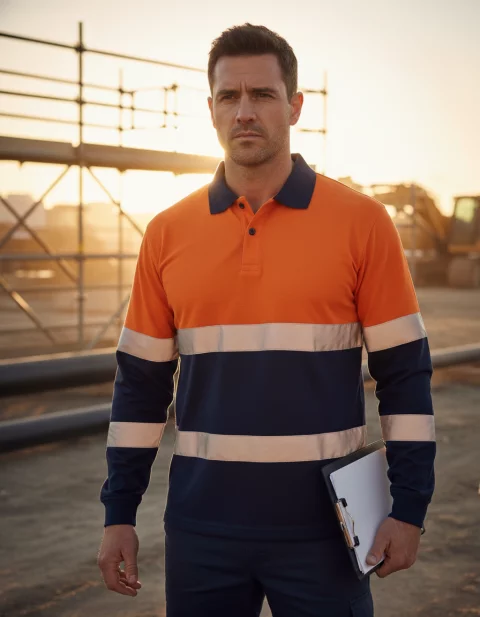 Long-sleeved work polo shirt with reflective strips
