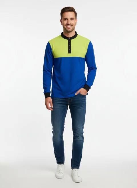  تيشرت بولو بأكمام طويلة بتصميم اثنين لون