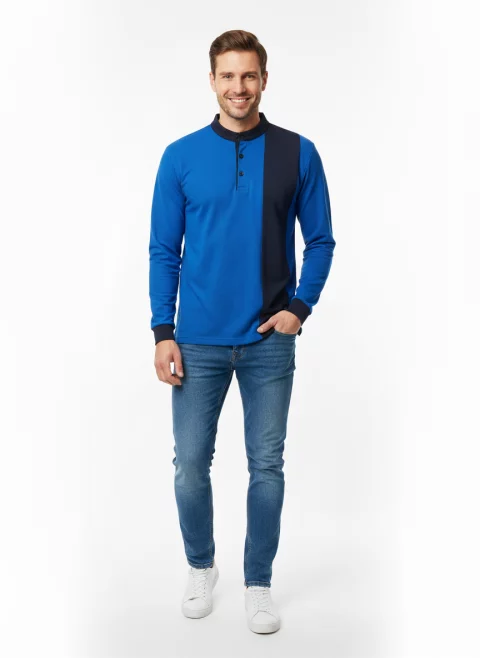 تيشرت بولو بكم مطعم بالجبردين بتصميم مقسم الألوان