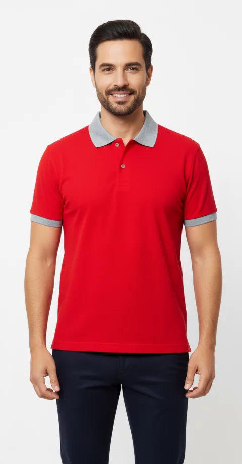 ي شيرت بولو بأكمام نصفية مع ياقة رمادية فاتحة وأساور مضلعة