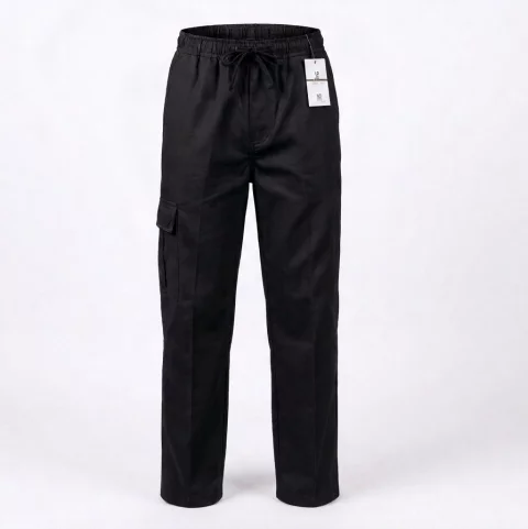 Gabardine pants with waistband, no side pockets, no zipper, and no buttons