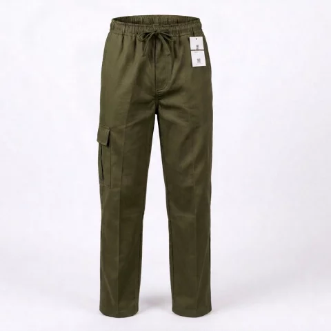 Gabardine pants with waistband, no side pockets, no zipper, and no buttons 3