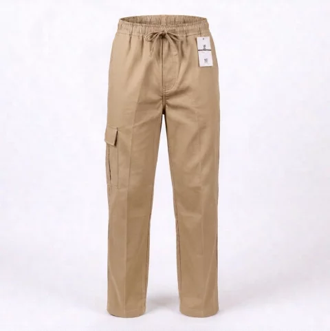 Gabardine pants with waistband, no side pockets, no zipper, and no buttons