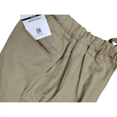 Gabardine pants with waistband, no side pockets, no zipper, and no buttons 8