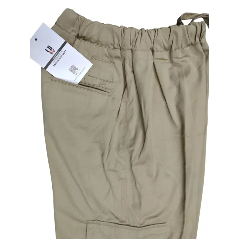 Gabardine pants with waistband, no side pockets, no zipper, and no buttons 9