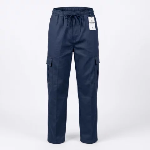 Gabardine pants with waistband, no side pockets, no zipper, and no buttons