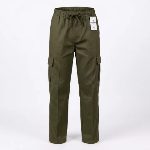 Gabardine pants with waistband, no side pockets, no zipper, and no buttons