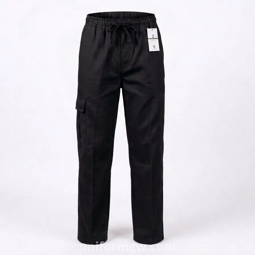 Gabardine pants with waistband, no side pockets, no zipper, and no buttons