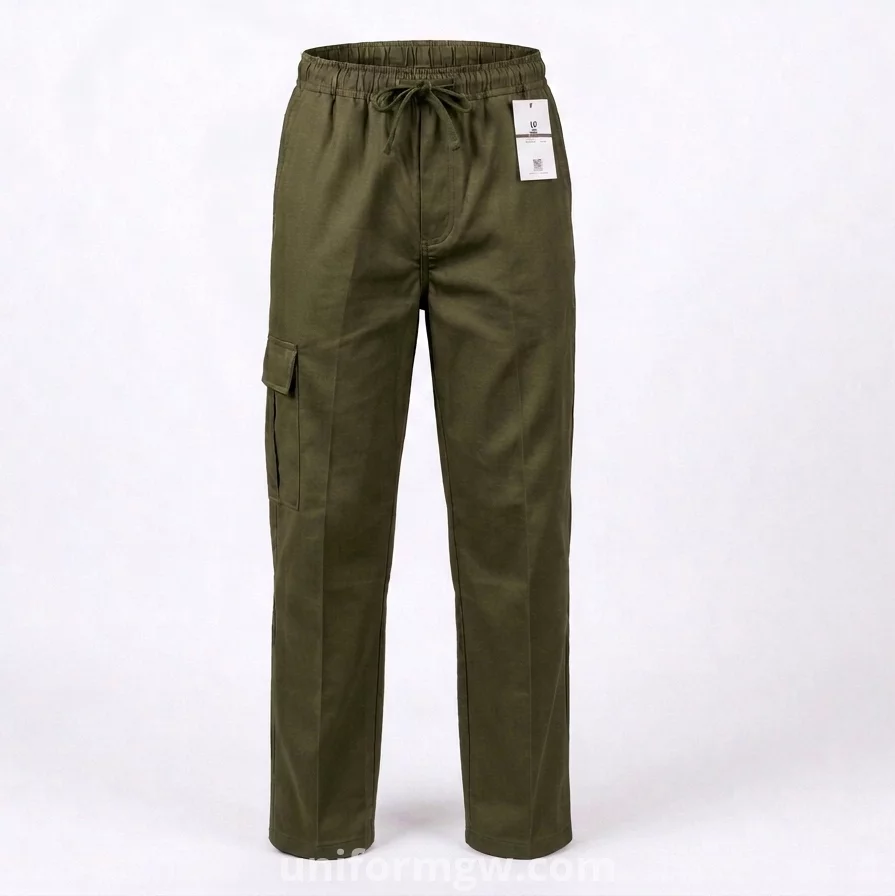 Gabardine pants with waistband, no side pockets, no zipper, and no buttons