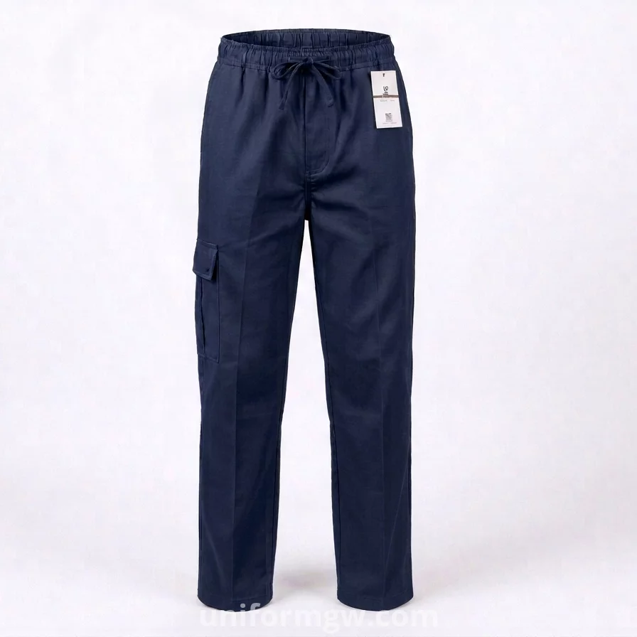 Gabardine pants with waistband, no side pockets, no zipper, and no buttons