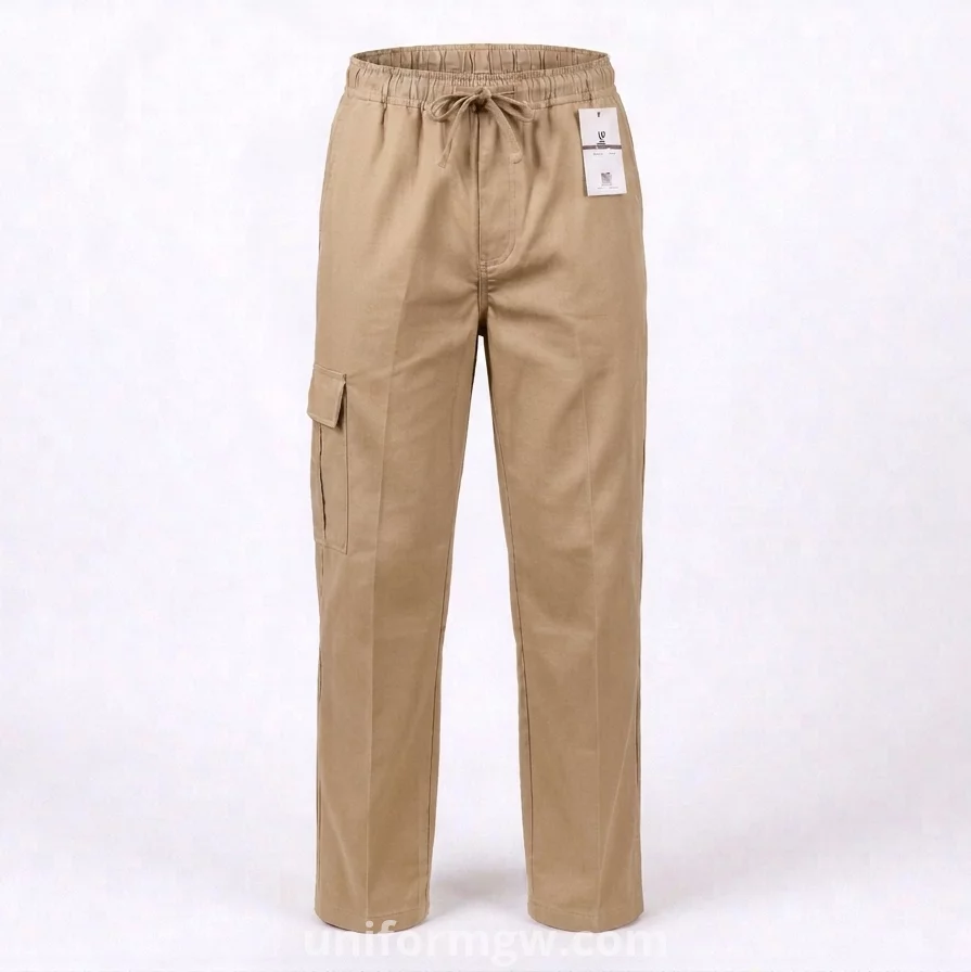 Gabardine pants with waistband, no side pockets, no zipper, and no buttons