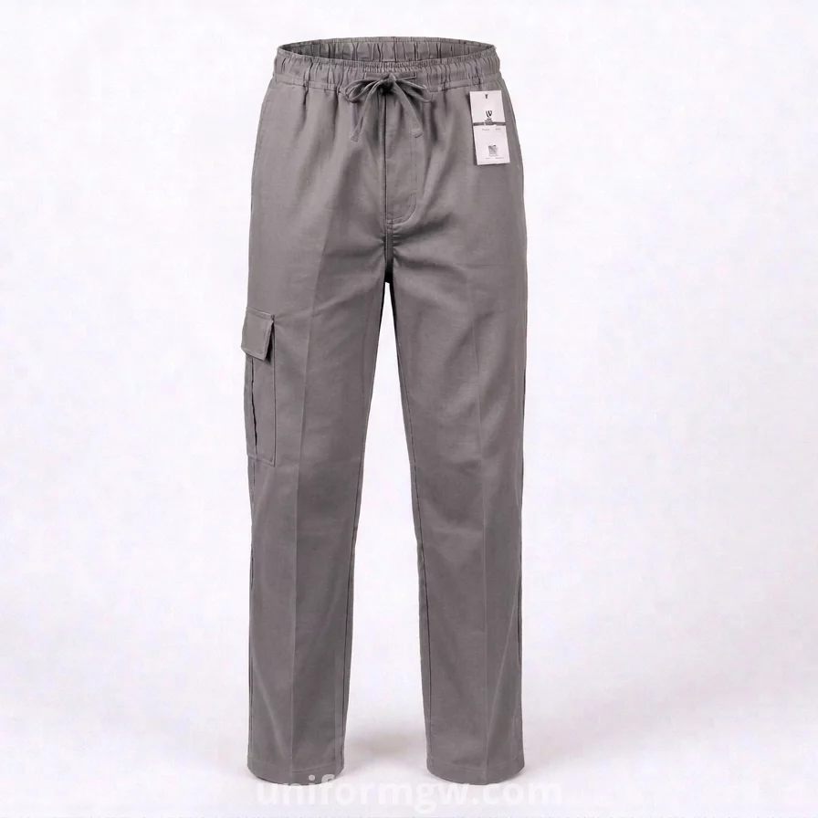 Gabardine pants with waistband, no side pockets, no zipper, and no buttons
