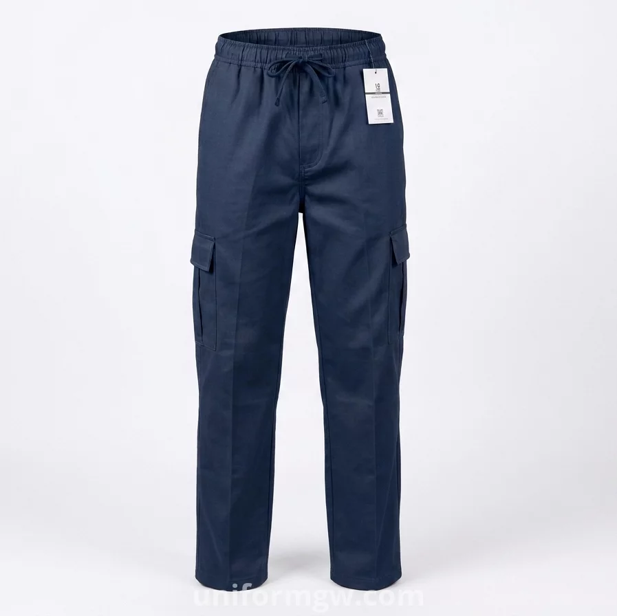 Gabardine pants with waistband, no side pockets, no zipper, and no buttons