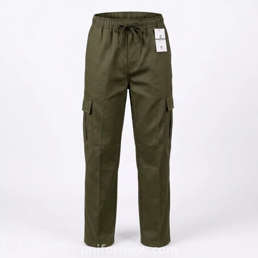 Gabardine pants with waistband, no side pockets, no zipper, and no buttons