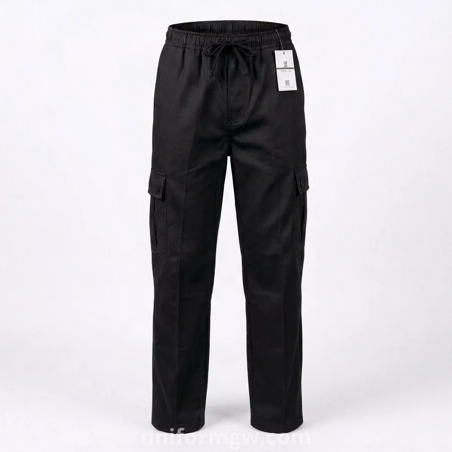 Gabardine pants with waistband, no side pockets, no zipper, and no buttons