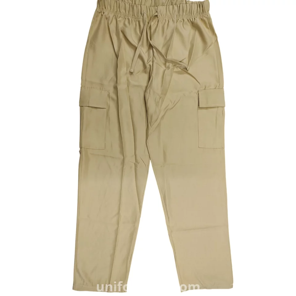 Gabardine pants with waistband, no side pockets, no zipper, and no buttons