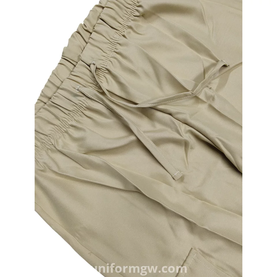 Gabardine pants with waistband, no side pockets, no zipper, and no buttons