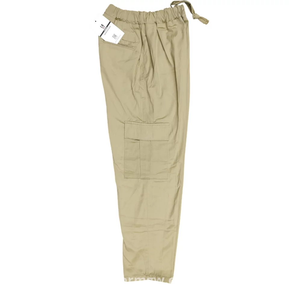 Gabardine pants with waistband, no side pockets, no zipper, and no buttons
